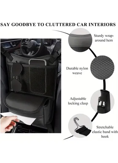 Universal Car Seat Back Organizer PU Leather Storage Bag Center Hanger Between Seats - Black