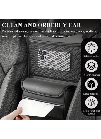 Universal Car Seat Back Organizer PU Leather Storage Bag Center Hanger Between Seats - Black