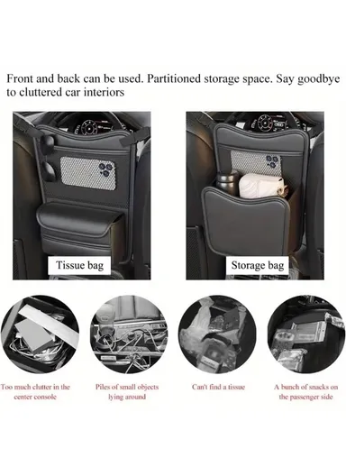 Universal Car Seat Back Organizer PU Leather Storage Bag Center Hanger Between Seats - Black