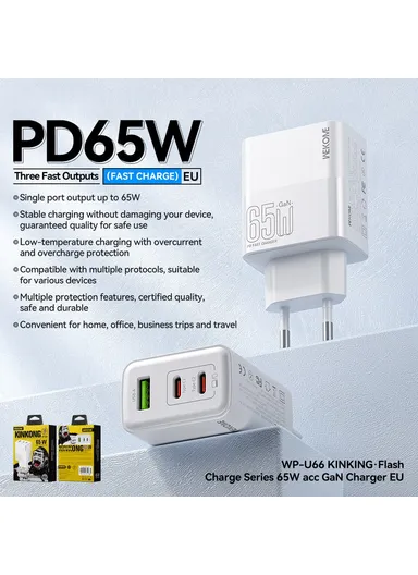 PD 65W GaN Charger USB-A + Dual Type-C Ports Fast Charging Adapter - EU Plug