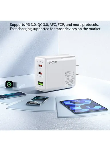 PD 65W GaN Charger USB-A + Dual Type-C Ports Fast Charging Adapter - EU Plug