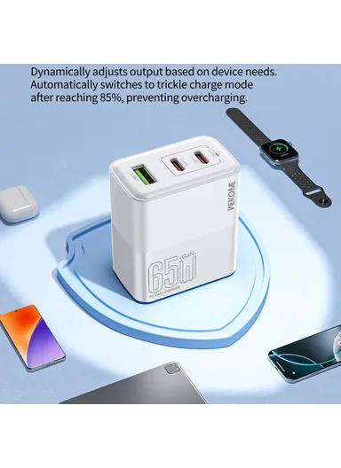 PD 65W GaN Charger USB-A + Dual Type-C Ports Fast Charging Adapter - EU Plug