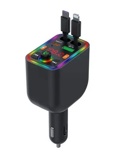 Y6 Car Charger MP3 Player with Retractable Type C + iP Cable EQ Adjustment Bluetooth-Compatible FM Transmitter