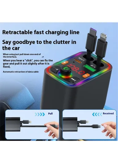 Y6 Car Charger MP3 Player with Retractable Type C + iP Cable EQ Adjustment Bluetooth-Compatible FM Transmitter