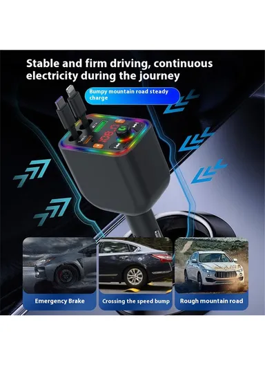 Y6 Car Charger MP3 Player with Retractable Type C + iP Cable EQ Adjustment Bluetooth-Compatible FM Transmitter