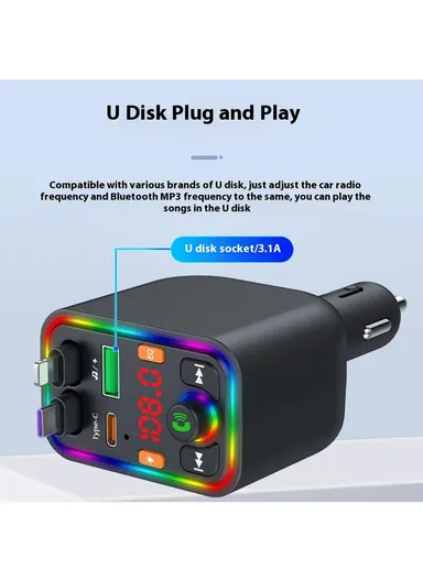 Y6 Car Charger MP3 Player with Retractable Type C + iP Cable EQ Adjustment Bluetooth-Compatible FM Transmitter