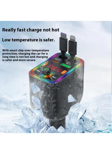 Y6 Car Charger MP3 Player with Retractable Type C + iP Cable EQ Adjustment Bluetooth-Compatible FM Transmitter