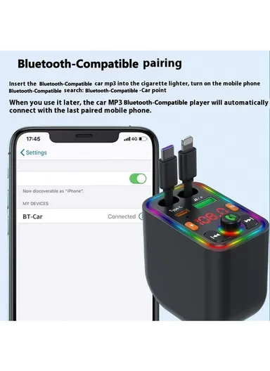 Y6 Car Charger MP3 Player with Retractable Type C + iP Cable EQ Adjustment Bluetooth-Compatible FM Transmitter