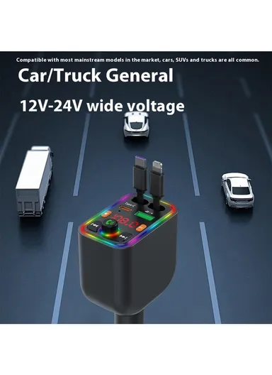 Y6 Car Charger MP3 Player with Retractable Type C + iP Cable EQ Adjustment Bluetooth-Compatible FM Transmitter