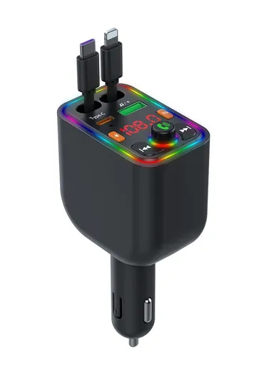 Y6 Car Charger MP3 Player with Retractable Type C + iP Cable EQ Adjustment Bluetooth-Compatible FM Transmitter