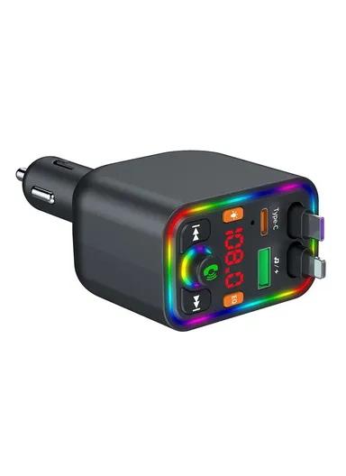 Y6 Car Charger MP3 Player with Retractable Type C + iP Cable EQ Adjustment Bluetooth-Compatible FM Transmitter