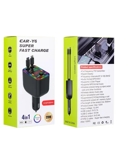 Y6 Car Charger MP3 Player with Retractable Type C + iP Cable EQ Adjustment Bluetooth-Compatible FM Transmitter