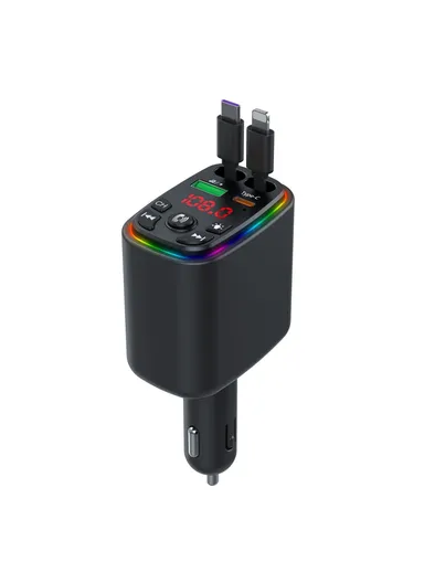 Y9 Voltage Display Car Charger MP3 Player with Retractable Type C + iP Cable Bluetooth-Compatible FM Transmitter