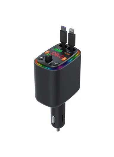 Y10 Car Charger FM Transmitter Bluetooth-Compatible MP3 Player with Retractable Type C + iP Cable