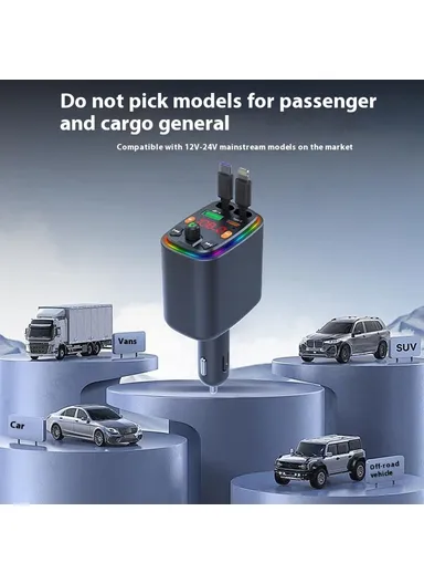 Y10 Car Charger FM Transmitter Bluetooth-Compatible MP3 Player with Retractable Type C + iP Cable