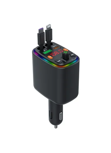 Y10 Car Charger FM Transmitter Bluetooth-Compatible MP3 Player with Retractable Type C + iP Cable