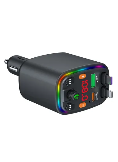 Y10 Car Charger FM Transmitter Bluetooth-Compatible MP3 Player with Retractable Type C + iP Cable