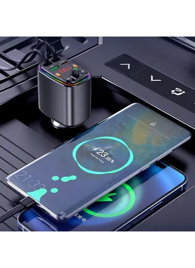 Y10 Car Charger FM Transmitter Bluetooth-Compatible MP3 Player with Retractable Type C + iP Cable