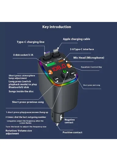 Y10 Car Charger FM Transmitter Bluetooth-Compatible MP3 Player with Retractable Type C + iP Cable