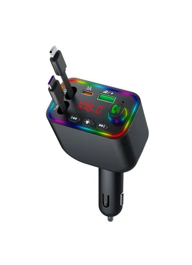 L4 Super Fast Charging Car Charger MP3 Player with Retractable Type C + iP Cable Bluetooth-Compatible FM Transmitter