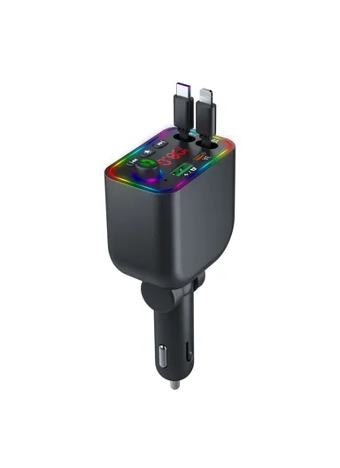 L4 Super Fast Charging Car Charger MP3 Player with Retractable Type C + iP Cable Bluetooth-Compatible FM Transmitter