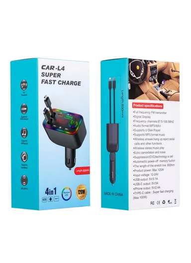 L4 Super Fast Charging Car Charger MP3 Player with Retractable Type C + iP Cable Bluetooth-Compatible FM Transmitter