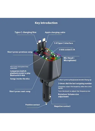 L4 Super Fast Charging Car Charger MP3 Player with Retractable Type C + iP Cable Bluetooth-Compatible FM Transmitter