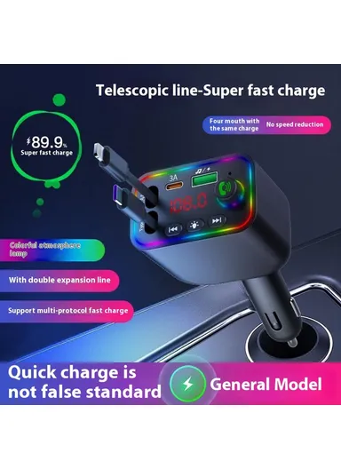 L4 Super Fast Charging Car Charger MP3 Player with Retractable Type C + iP Cable Bluetooth-Compatible FM Transmitter