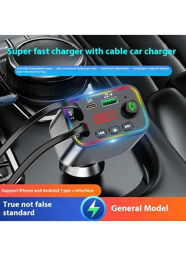 L4 Super Fast Charging Car Charger MP3 Player with Retractable Type C + iP Cable Bluetooth-Compatible FM Transmitter