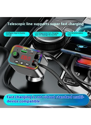 L4 Super Fast Charging Car Charger MP3 Player with Retractable Type C + iP Cable Bluetooth-Compatible FM Transmitter