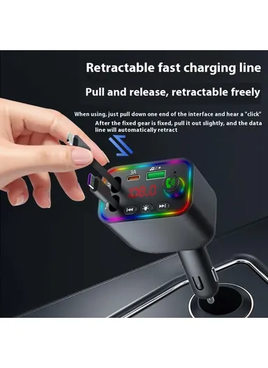 L4 Super Fast Charging Car Charger MP3 Player with Retractable Type C + iP Cable Bluetooth-Compatible FM Transmitter