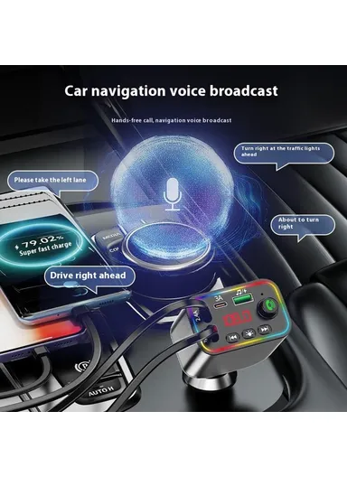L4 Super Fast Charging Car Charger MP3 Player with Retractable Type C + iP Cable Bluetooth-Compatible FM Transmitter