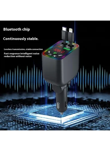 L5 Car Bluetooth-Compatible MP3 Player Hands Free Calling FM Transmitter Fast Charger with Retractable Type C + iP Cable