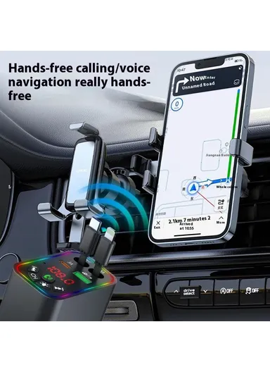 L5 Car Bluetooth-Compatible MP3 Player Hands Free Calling FM Transmitter Fast Charger with Retractable Type C + iP Cable