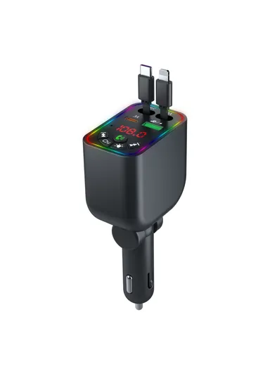 L5 Car Bluetooth-Compatible MP3 Player Hands Free Calling FM Transmitter Fast Charger with Retractable Type C + iP Cable