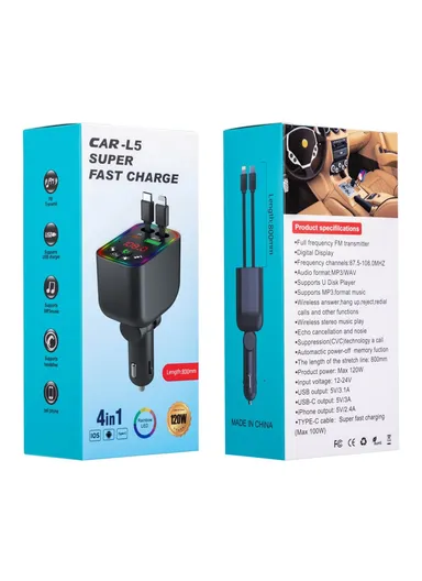 L5 Car Bluetooth-Compatible MP3 Player Hands Free Calling FM Transmitter Fast Charger with Retractable Type C + iP Cable