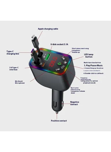 L5 Car Bluetooth-Compatible MP3 Player Hands Free Calling FM Transmitter Fast Charger with Retractable Type C + iP Cable
