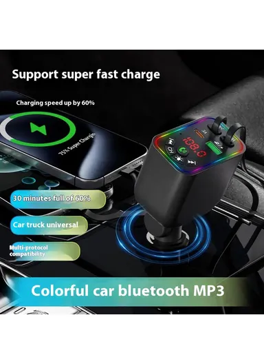L5 Car Bluetooth-Compatible MP3 Player Hands Free Calling FM Transmitter Fast Charger with Retractable Type C + iP Cable