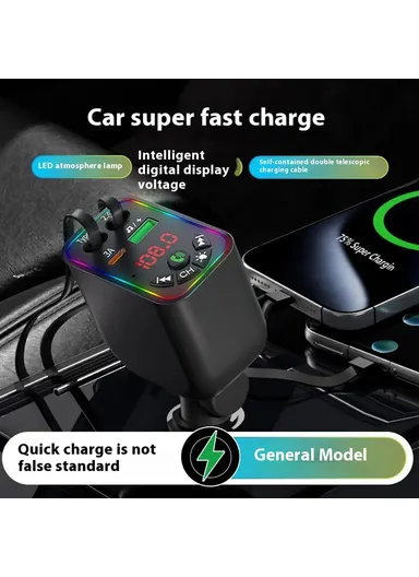 L5 Car Bluetooth-Compatible MP3 Player Hands Free Calling FM Transmitter Fast Charger with Retractable Type C + iP Cable