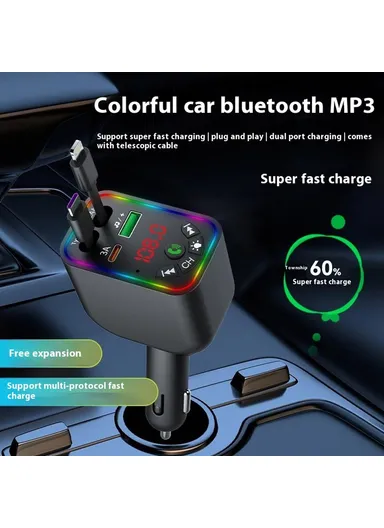 L5 Car Bluetooth-Compatible MP3 Player Hands Free Calling FM Transmitter Fast Charger with Retractable Type C + iP Cable