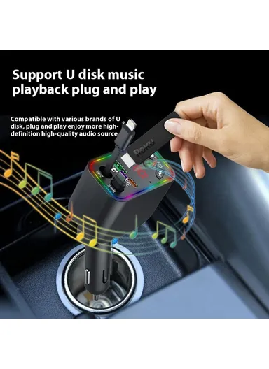 L5 Car Bluetooth-Compatible MP3 Player Hands Free Calling FM Transmitter Fast Charger with Retractable Type C + iP Cable