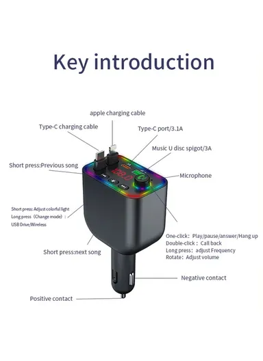 Y4 Car Charger Super Fast Charging Bluetooth-Compatible MP3 Player with Retractable Type C + iP Cable