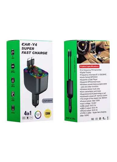 Y4 Car Charger Super Fast Charging Bluetooth-Compatible MP3 Player with Retractable Type C + iP Cable