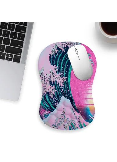 30x20x2.5cm Office Gaming Mouse Pad with Wrist Rest Memory Foam Relieve Fatigue Mouse Mat - Pink Ocean Wave
