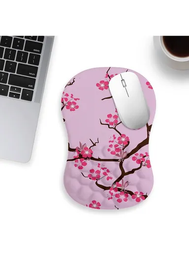 30x20x2.5cm Office Gaming Mouse Pad with Wrist Rest Memory Foam Relieve Fatigue Mouse Mat - Pink Plum Blossom