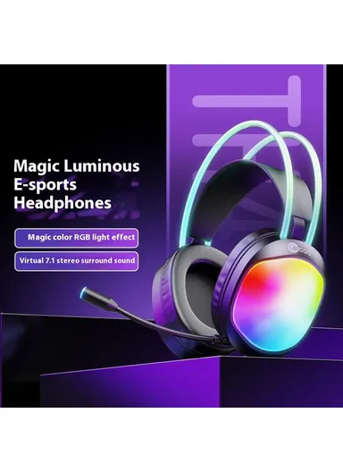 Wired Gaming Headset LED Light USB 7.1 Surround Sound, Desktop PC Headphone with Microphone HT410 - Black