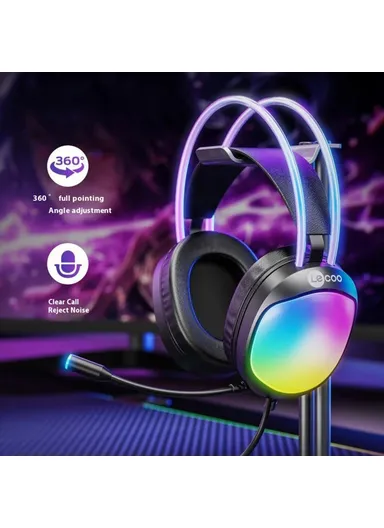 Wired Gaming Headset LED Light USB 7.1 Surround Sound, Desktop PC Headphone with Microphone HT410 - Black