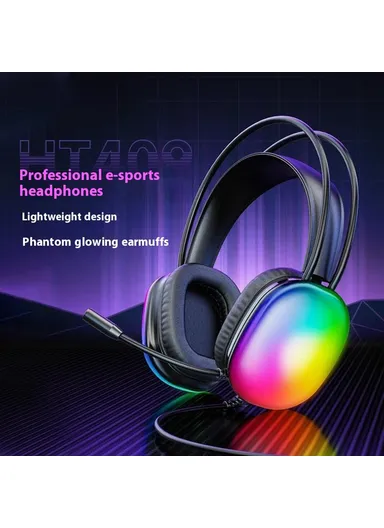 Wired Gaming Headset LED Light USB 7.1 Surround Sound, Over-Ear Headphone with Microphone HT409 - Black