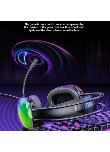 Wired Gaming Headset LED Light USB 7.1 Surround Sound, Over-Ear Headphone with Microphone HT409 - Black