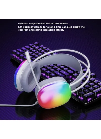 Wired Gaming Headset LED Light USB 7.1 Surround Sound, Over-Ear Headphone with Microphone HT409 - Black